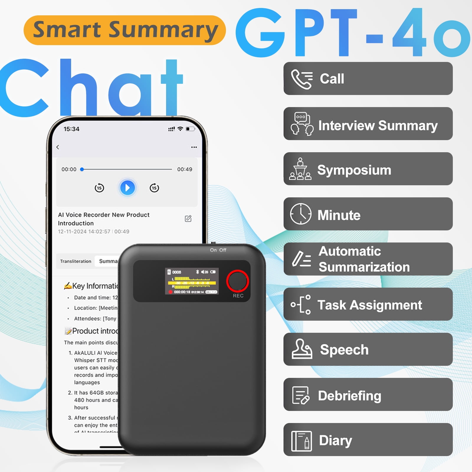 RONY AI Voice Recorder with Transcribe, Translation, APP Control, AI Analysis Summarize for Lectures Meetings Calls, Support 100+ Languages, 64GB Memory