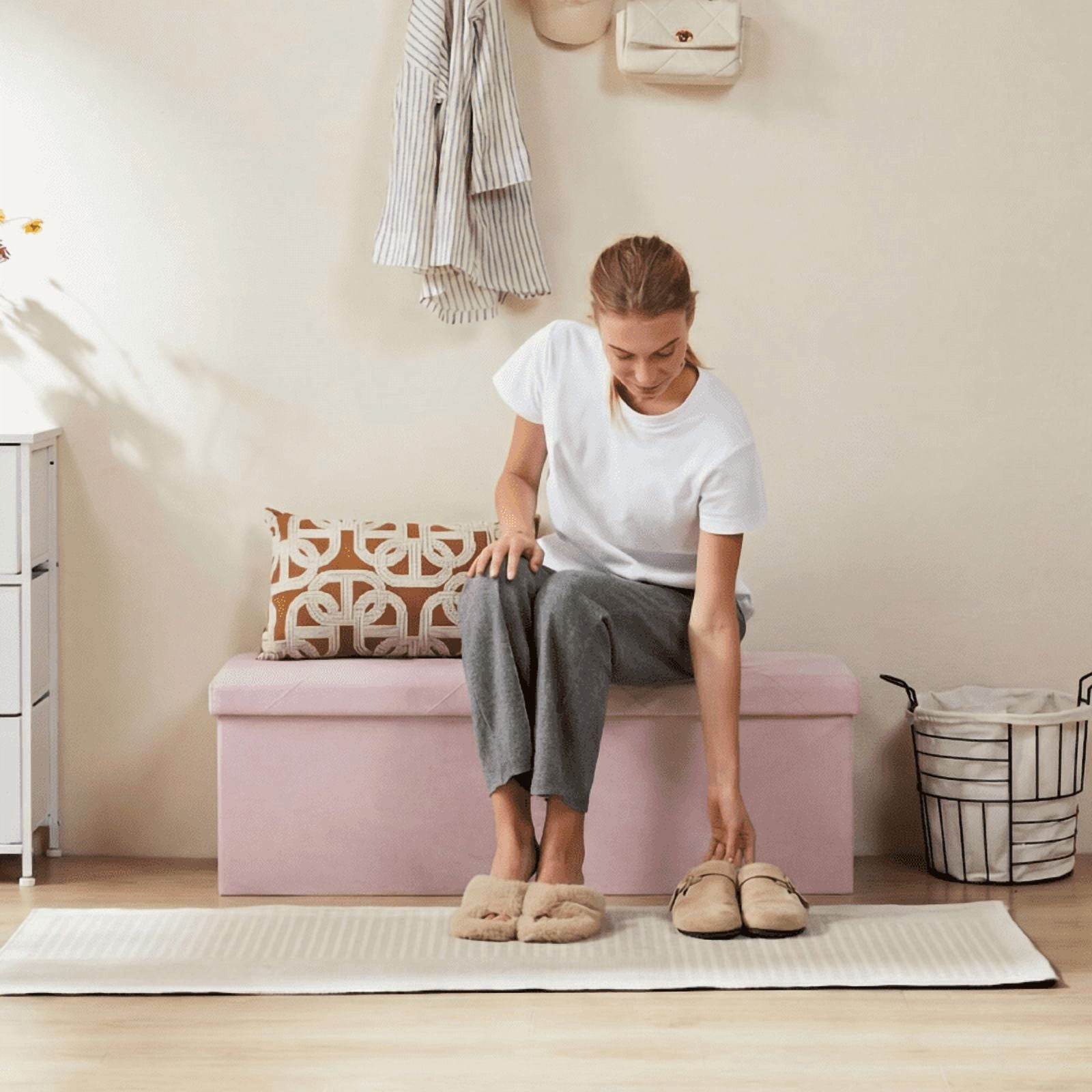 Telyra 43" Foldable Storage Ottoman Bench Fabric Footrest Stool with Foam Padded Seat, Pink