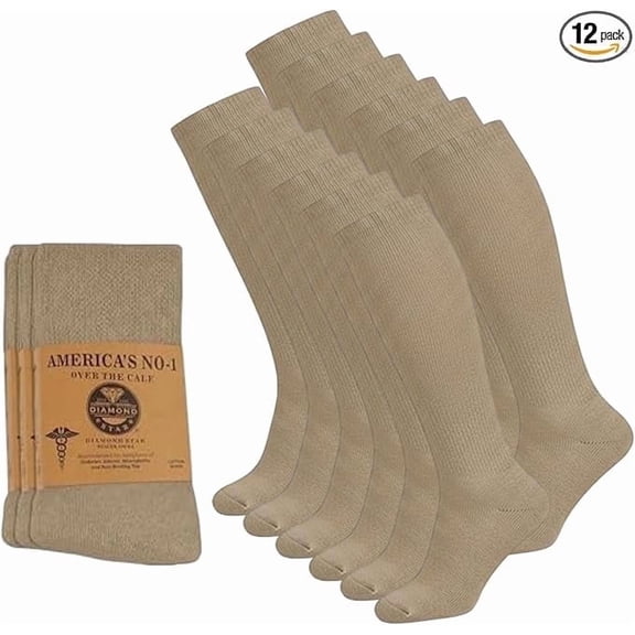 Diamond Star Diabetic Over the Calf, Non-binding Premium Cushion Cotton Knee High Comfortable Socks for Men (Beige - 12 Pairs, Socks Size 13-16)