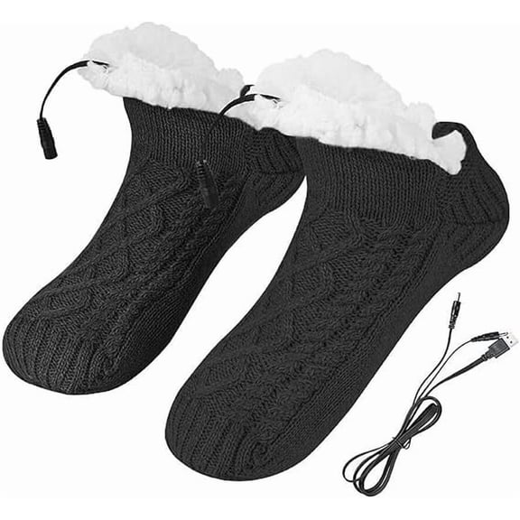 Nkmbld Electric Heated Fleece Socks, Winter Cozy Fleece Lining Foot Usb Heating Pad Anti-Slip Thermal Knitted Heat Socks Indoor Slippers Foot Warmer Heater Footwear, Black