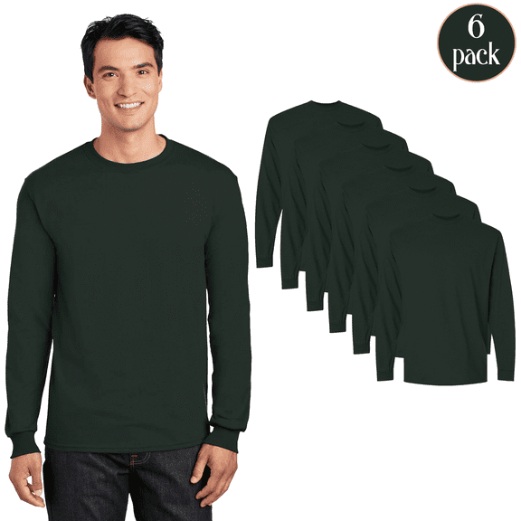 Gildan Men's DryBlend 50/50 Long Sleeve T-Shirt, Comfortable Crew Neck Tee, 6 Pack Forest Green, S