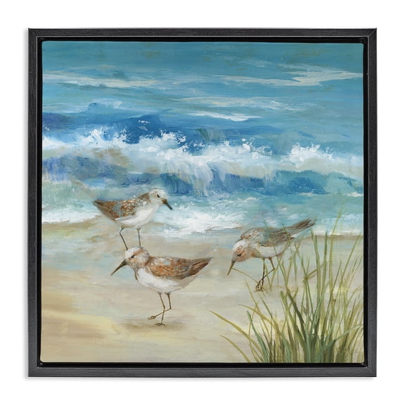 Stupell Industries Beach Sandpiper Gathering Black Framed Floater Canvas Wall Art design by Nan, 18 x 18
