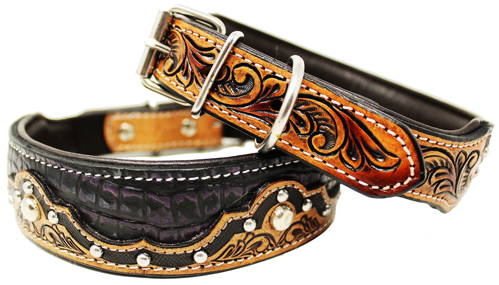 Small 13''- 17'' Padded Leather Dog Collar Heavy Duty Tooled Gator Inlay 60FK08