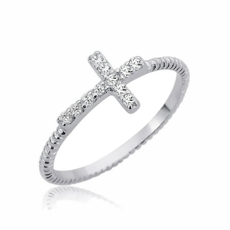- Men Women Sterling Silver 7mm Sideway Cross CZ Religious Ring Engagement Ring