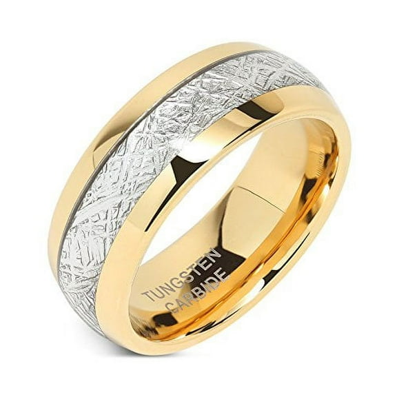 8mm Mens Tungsten Carbide Ring Meteorite Inlay 14k Gold Plated Jewelry Wedding Band, Size 5-16
