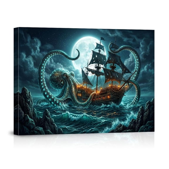 Kraken Sea Monster Giant Octopus Attacking Pirate Ship Arts Dark Wall ...