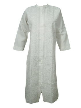 Mogul White Tunic CAFTAN Resortwear Cotton Floral Hand Embroidered Indian Style Chikankari Kurta Long Dress S/M