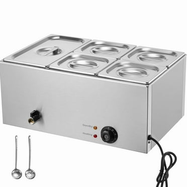 KFFKFF 5-Container Commercial Food Heater, 15.3QT Electric Hot Food Display, 1200W Professional Tabletop Stainless Steel Buffet Food Holder with 86-185°F Temperature Regulation, Silver