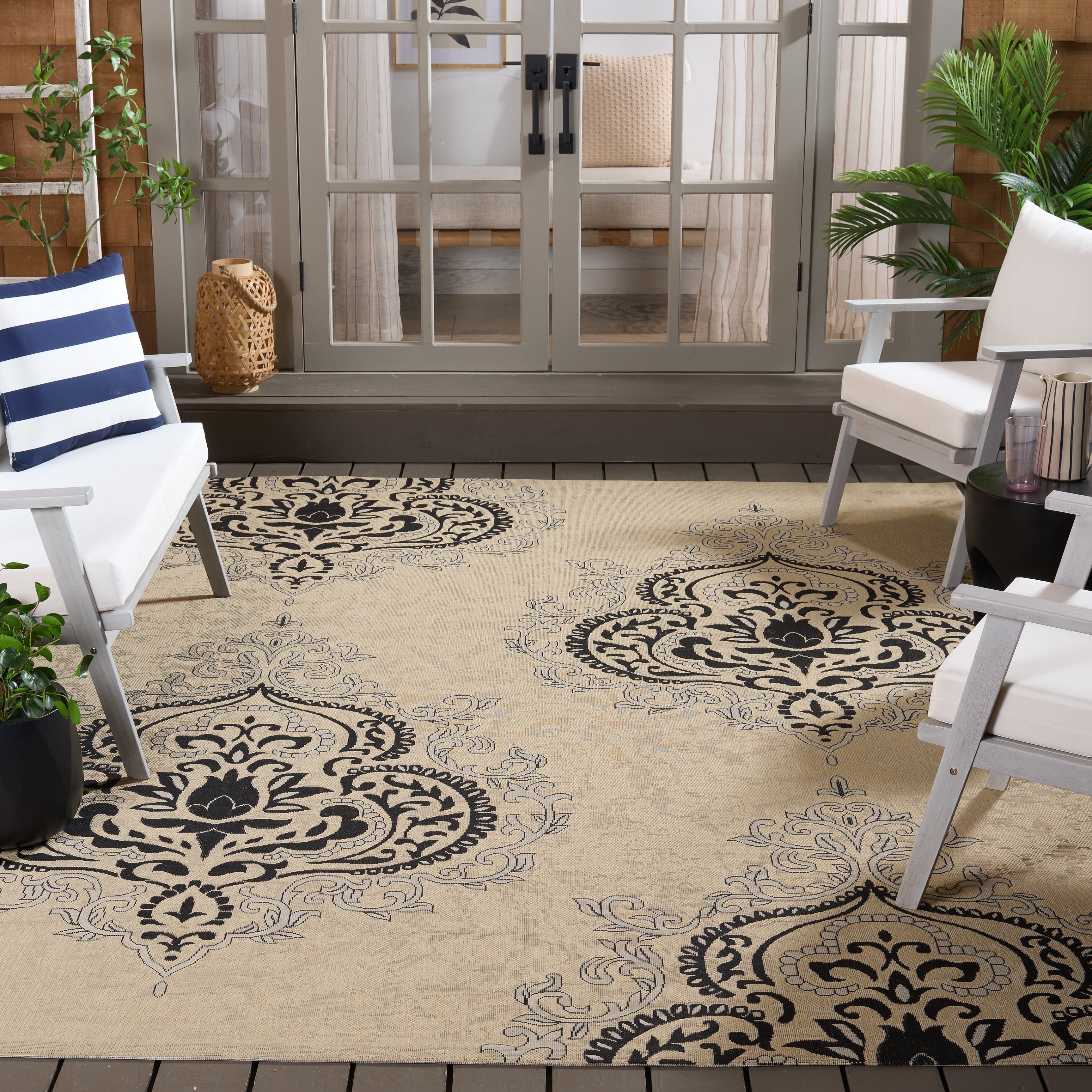 Safavieh Courtyard Penelope Damask Indoor/Outdoor Area Rug, Creme/Black, 7'10" x 7'10" Square