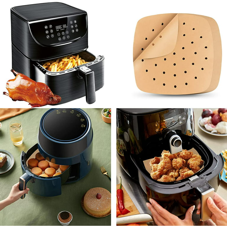 Air Fryer Liner, 100 Sheets of 8.5 Square Perforated Absorbent Paper,  Premium Non-Stick Bamboo Steamer Liners for Air Fryers, Steamers, Ovens,  Baking and Cooking.(Natural) 