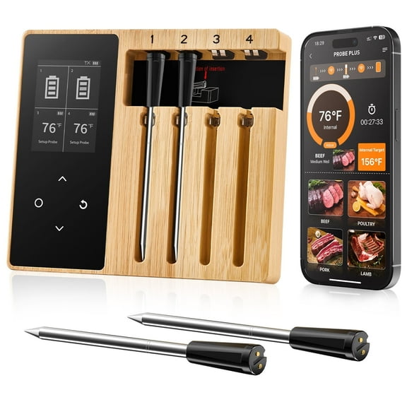 Wireless Meat Thermometer 4 Probes Kit for Grilling Smoking Oven Safe Digital Thermometer Instant Read Great Gift for Family Kitchen Friends Outdoor Cooking Grill Smoker IP67 Waterproof Smart Timer