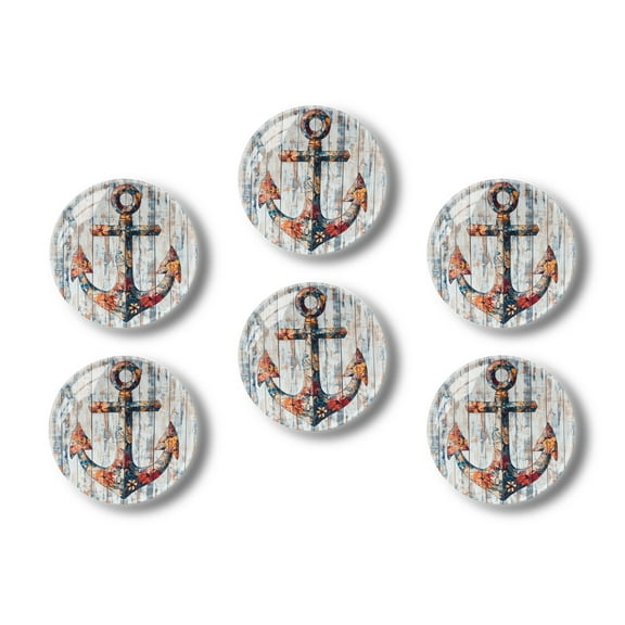 Glass Refrigerator Magnet 6Pcs Magnetic Fridge Sticker,Decor for Kitchen,Whiteboard,Cabinet,Antique Feel Pattern Of Rustic Wooden Vintage Nautical Anchor