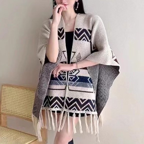 Women's Shawl Wrap with Tassel Open Front Retro Poncho Cape for Fall Winter (Chevron White)