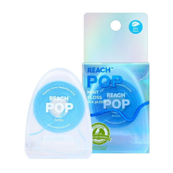 REACH POP Dental Floss, Mint, Shred Resistant, Vegan Wax, Eco Friendly Packaging, PFAS Free, Dentist Recommended, 1 Pack, 54.6 yd
