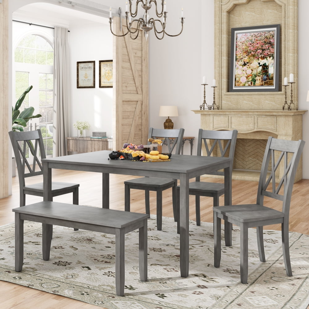 6Piece Wooden Dining Table Set, Farmhouse Rustic Dining Table Set with