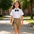 thumbnail image 5 of BRGZLK Back to School Outfits Boys 2026 Summer Trendy Short Sleeve Button Up Shirts and Shorts with Bow Tie Sets Kids School Uniform Khaki 4-5 Years, 5 of 9