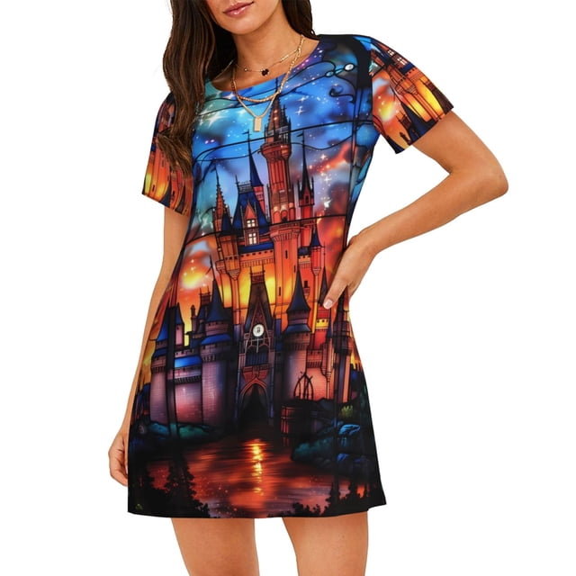 Balery Magical Stained Glass Castle Camisón de manga corta con cuello redondo para mujer, cómodo y elegante.