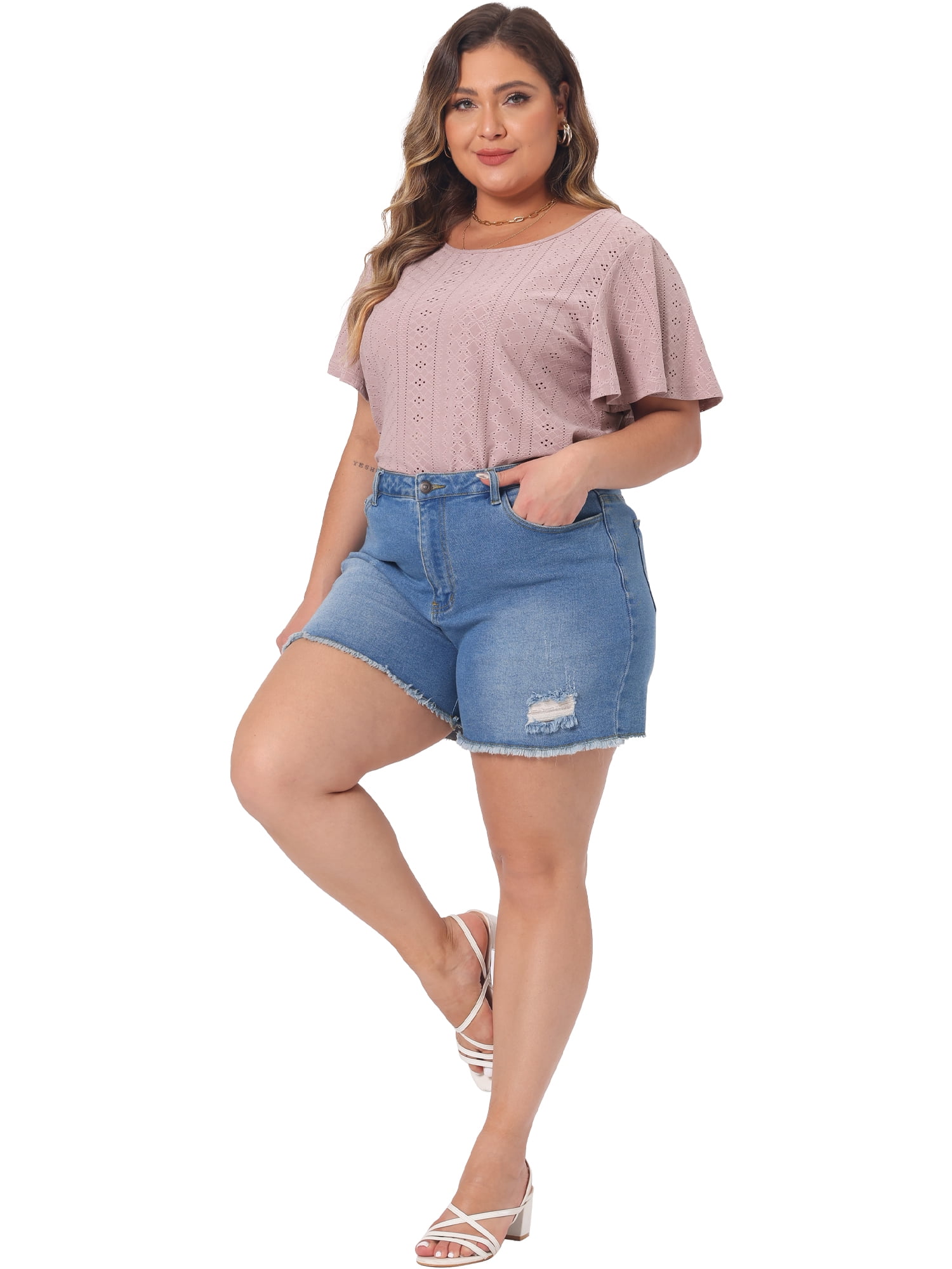 DARING DIVA Women's Plus Round Neck Hollow Flare Sleeve Casual Blouse 3X Pink