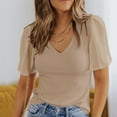 thumbnail image 2 of Women's V-Neck T-Shirt, Short Flutter Sleeves, Pure Color, Casual Knit Top for Summer, Apricot, Size L, 2 of 6