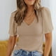 thumbnail image 1 of Camiseta con mangas onduladas, Camiseta con cuello en V para mujer, Top de manga corta con cuello en V, Top tejido con cuello en V para mujer, ingeniería de precisión, 1 of 6