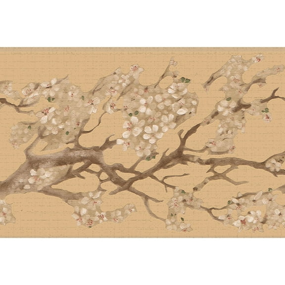 Dundee Deco's Peel and Stick Wallpaper Border - Floral Brown Beige Flowers on Branches Wall Border Retro Design, 15 ft x 7 in, Self Adhesive