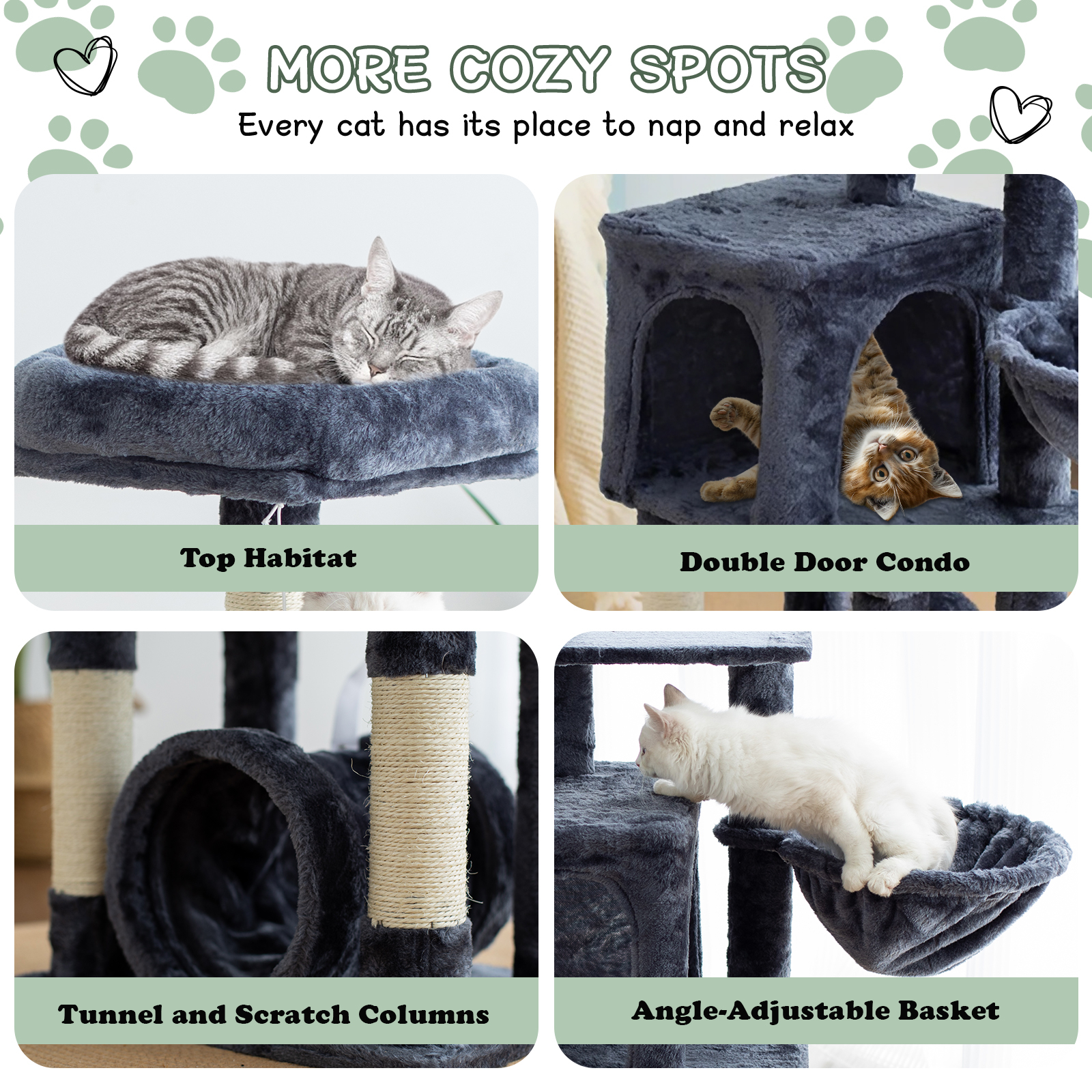 Senbonry Cat Tree for Indoor Cats with Scratching Posts 49in Small Gothic Tower with 9 Inchs Tunnel, Condo, Basket, Pompoms,Dark Gray