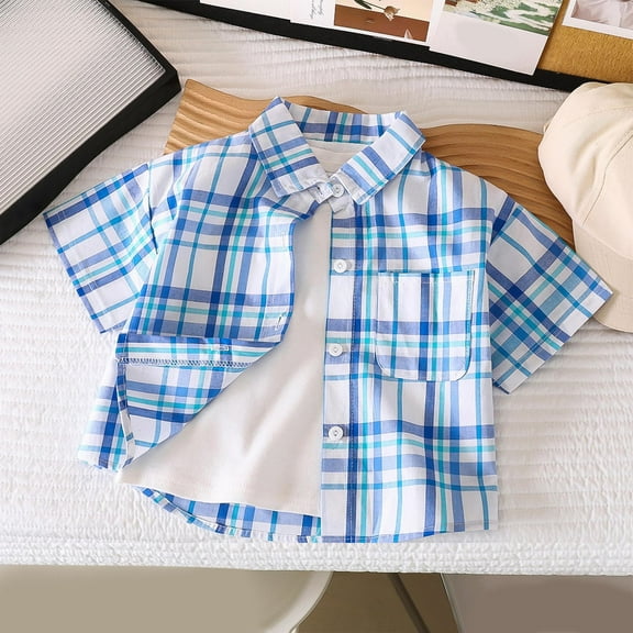 Frwgonr Little Boys T-shirts Casual Button Down Shirts Stretch Dress Shirs Short Sleeve Plaid Summer Shirts for Boy 1-11 Years, Light Blue