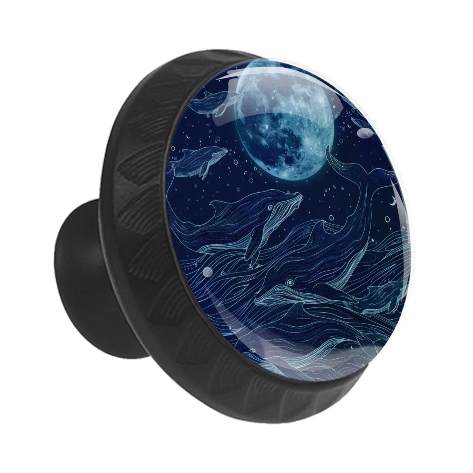 12 Pack Round Glass Drawer Knobs For Kitchen Cabinet With Screws, Whales and Moon Blue Color Art Pattern Crystal Diamond Shaped Cupboard Knobs For Kitchen Office Bathroom