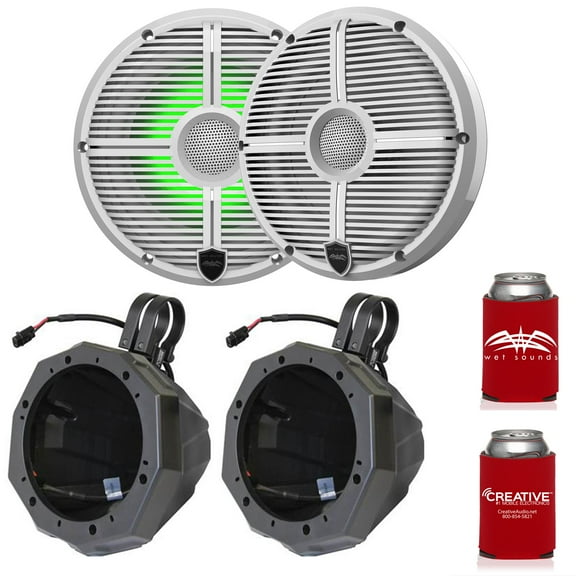 Wet Sounds RECON 6-XWW RGB 6.5" White Grill RGB Marine Speakers with US2-C65U-150 Black Speaker Pod with 1.50" Roll Bar Clamps