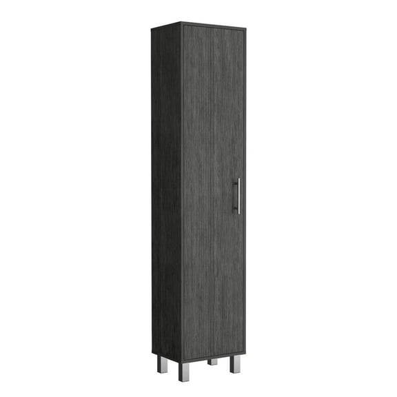 Depot E-Shop Narrow Storage Cabinet with 5-Tier Shelf and Broom Hangers, Smokey Oak -Garage