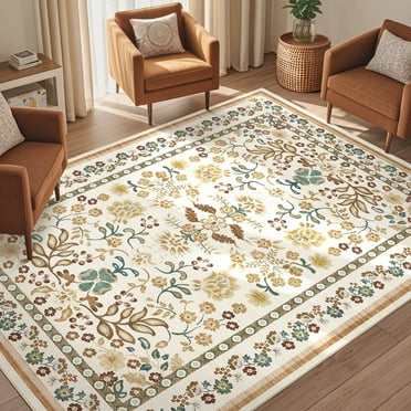 8x10 Area Rug Living Room Rugs - Washable Vintage Floral Soft Thin Large Rug Indoor Floor No Slip Rug Carpet for Bedroom Under Dining Table Home Office Decor - Brown Green