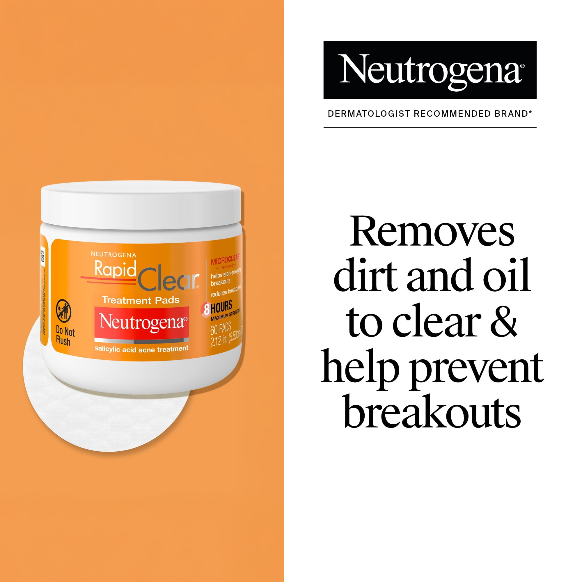 Neutrogena Rapid Clear Acne Treatment Pads, Salicylic Acid Face Cleansing Acne Wipes, 60 Count