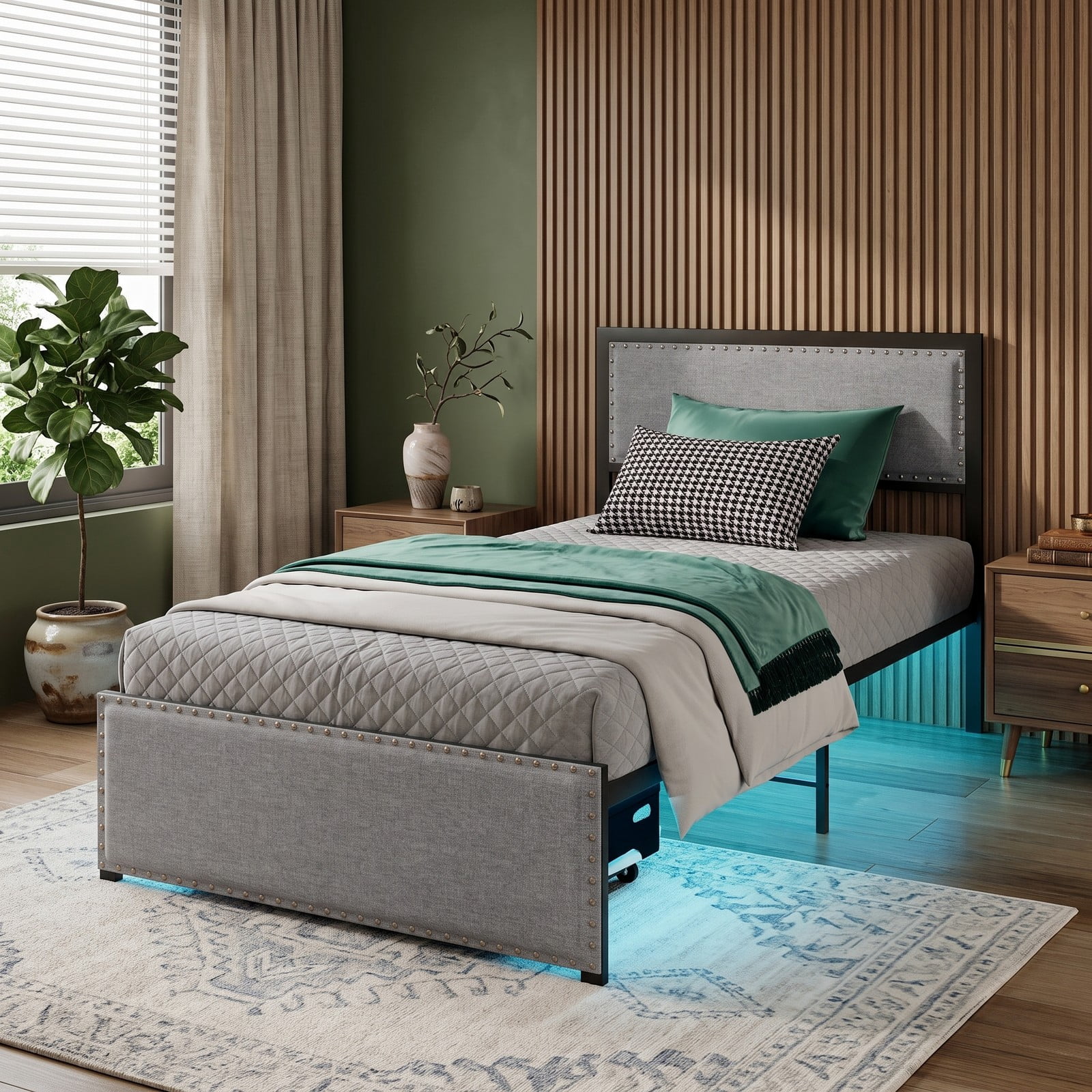Furnibear Queen Bed Frame with Headboard, Metal Platform Bed with Upholstered Headboard, LED Lights and Storage Drawer, No Box Spring Needed, Gray
