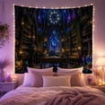 thumbnail image 2 of Gothic Library with Candles and Stained Glass Moon Windows, Mystical Dark Academia for Book Lovers, Study Room Artwork, Housewarming Gift, Tapestry Wall Hanging for Bedroom and Reading Nook, 2 of 7