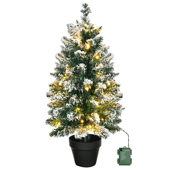 XiHuaZhaoChen 2FT Mini Christmas Tree, Snow Flocked Prelit Artificial Small Tabletop Xmas Tree with Pot Base & Warm Lights Battery Operated for Holiday Decoration