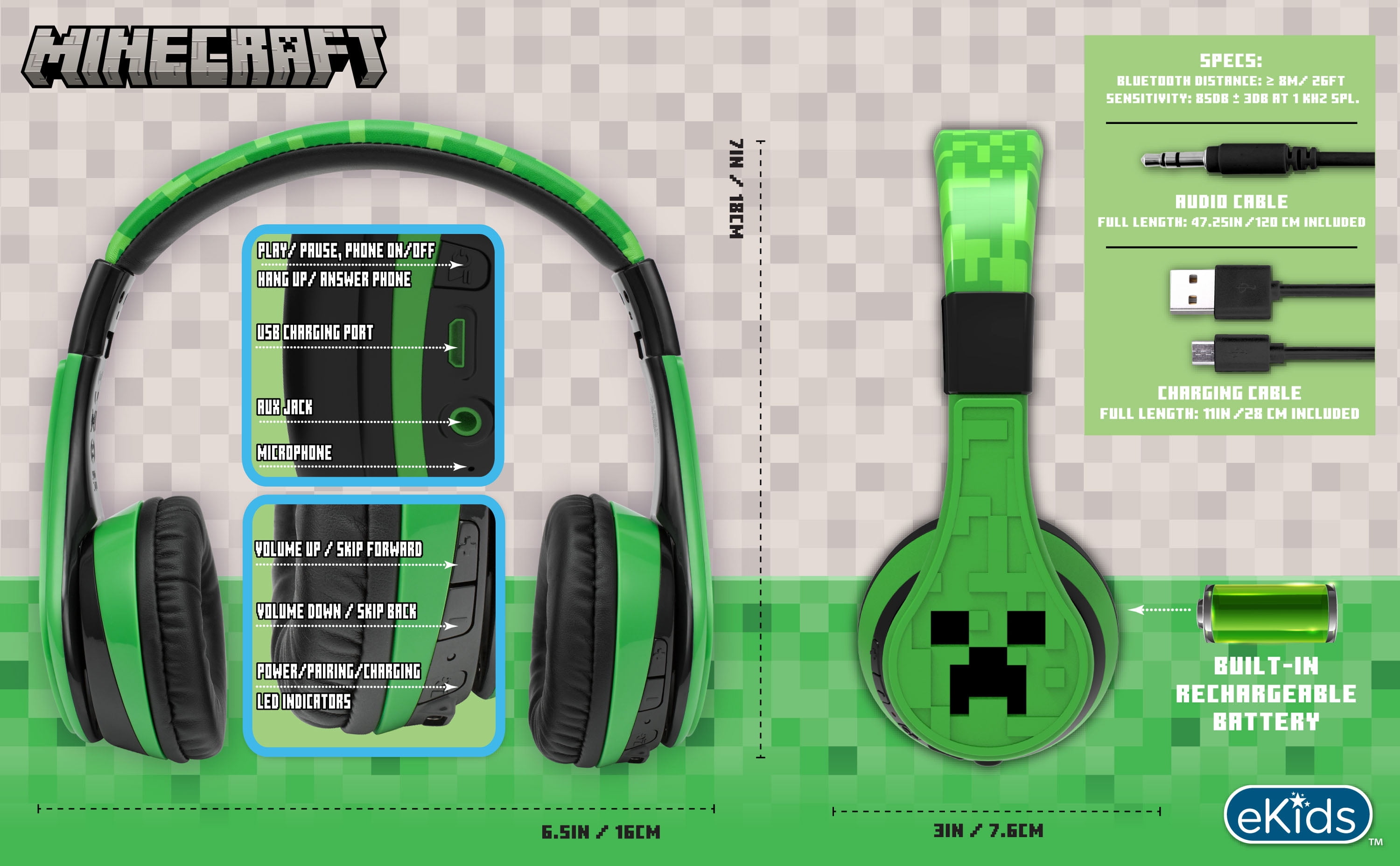 eKids Minecraft Kids Bluetooth Headphones, Wireless Headphones with Microphone Includes Aux Cord