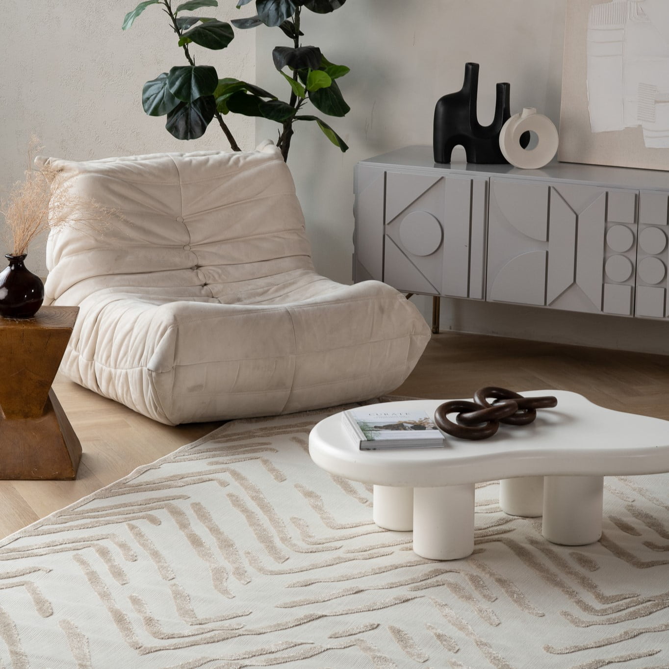 Rug Branch Alfombra Abstract Indoor Outdoor Area Rug, Beige Cream, Modern - Living Room, Bedroom, Dining Room, and Kitchen