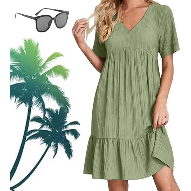Ropa de mujer retro con cuello en V, vestido fluido de cintura informal suelto de color sólido para mujer, vestidos retro para mujer