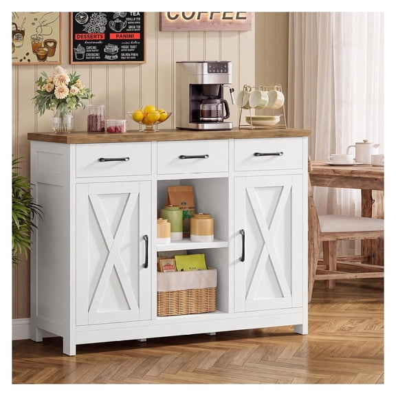 White Coffee Bar Cabinet with 3 Drawers 2 Adjustable Shelves 2 Doors Kitchen Storage Buffet Sideboard for Home Dining