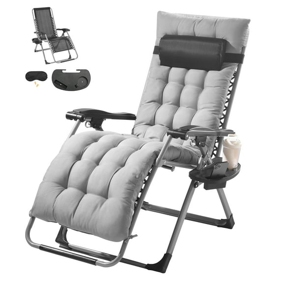 VEVOR Zero Gravity Chair, 26 inch Zero Gravity Recliner Lounge Chair for Indoor and Outdoor, Adjustable Anti Gravity Chair with Cushion, Headrest, Footrest, and Cupholder, 500 lbs, Gray