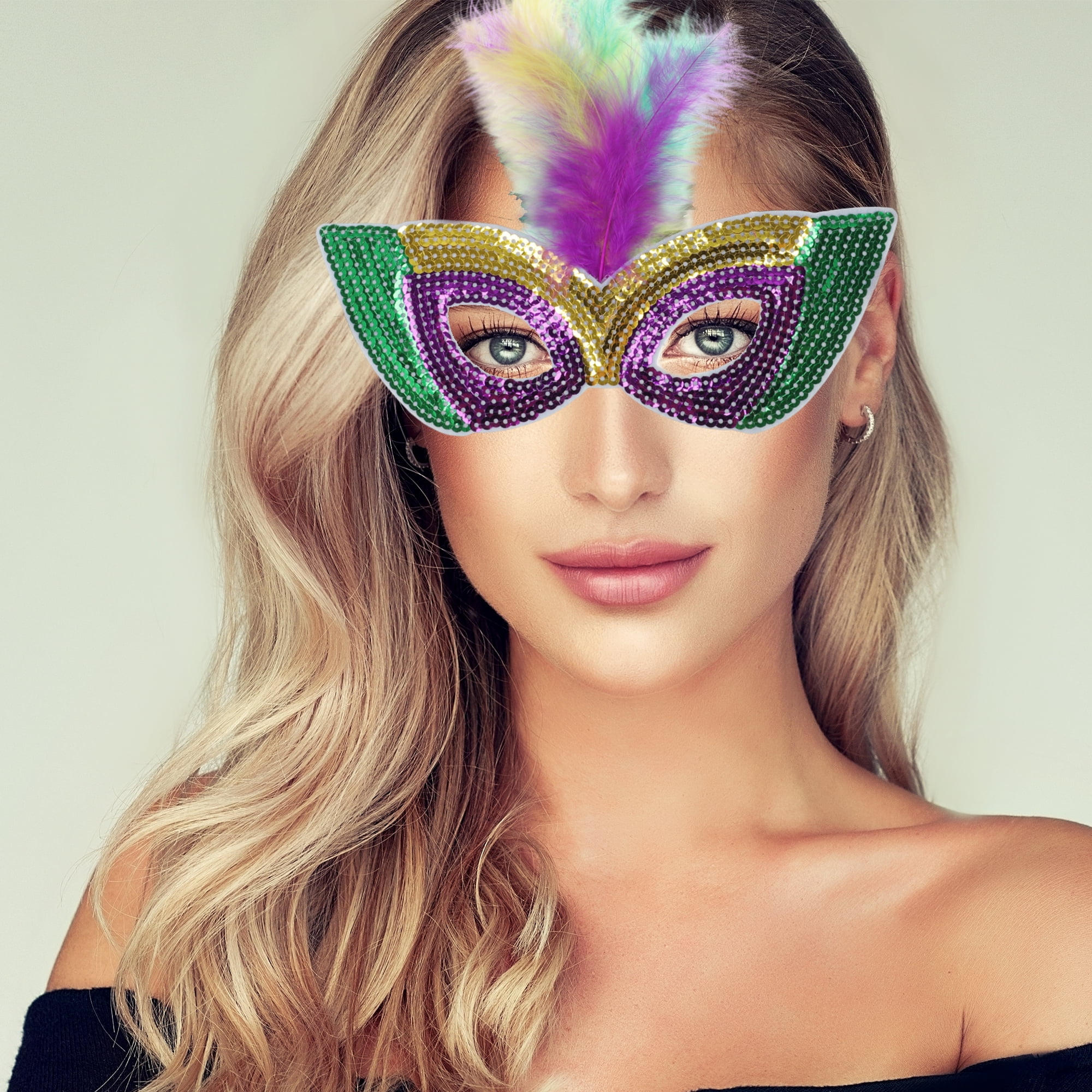 Unique Bargains 1 Box Colorful Feather Sequins Half Face Party Mask Light Purple
