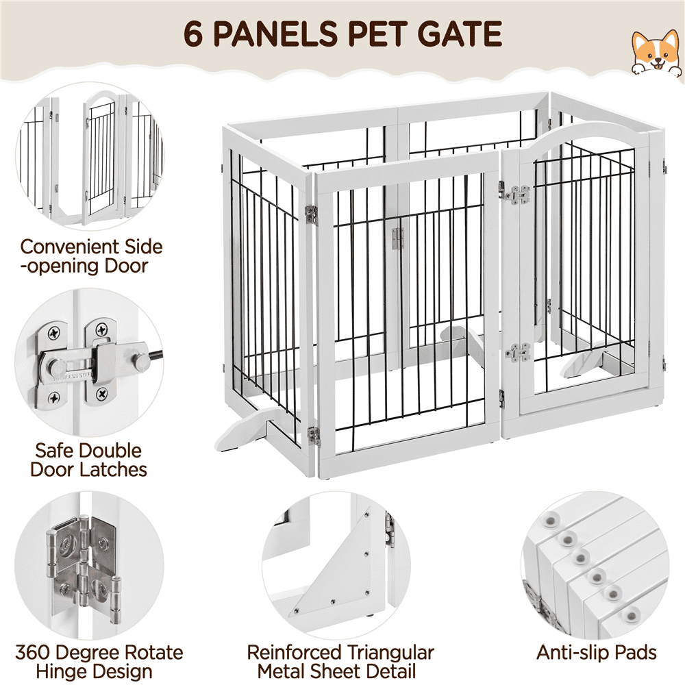 Alden Design 32.5" Tall Foldable Pet Gate with 3 Support Feet, White
