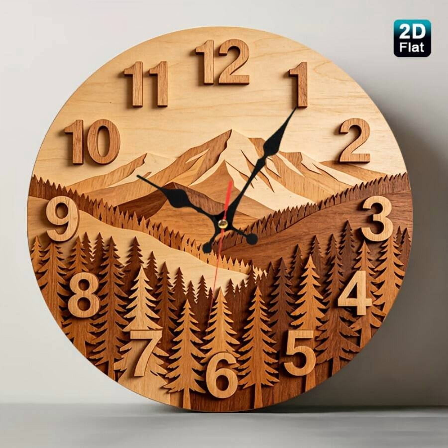 Layered Wood Carving Mountain Pine Forest Wall Clock, Silent Non-Ticking Rustic Natural Wood Decorative Hanging Clock for Living Room Cabin Office Decor