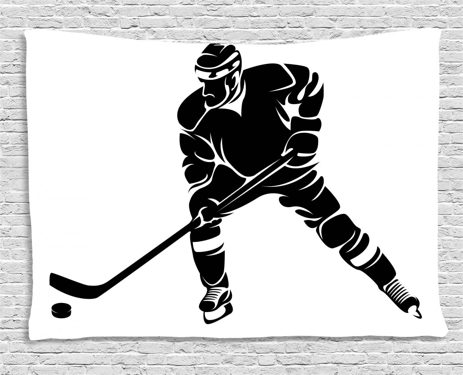 Hockey Tapestry, Abstract Black Silhouette of a Competitive Player in