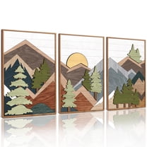 Wooden Mountain Wall Art Decor Framed 3D Forest Landscape Wall Decor (16X24) Vintage Nature Wilderness Woodland Wall Art Mid Century Modern Sunrise Wooden Cut Decor For Farmhouse Bedroom Living Room