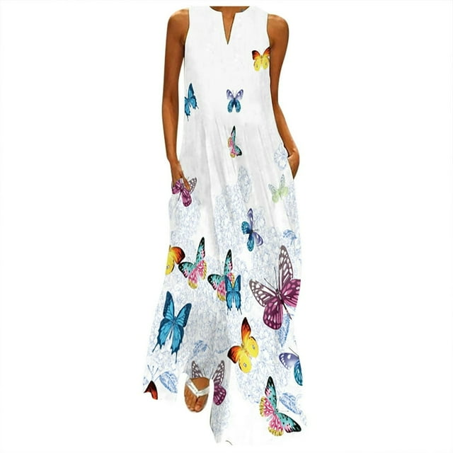 PENGXIANG Jupe Noire Robe Imprimée Sans Manches Col en V Ourlet Fendu Kaftan Ample Longue Robe