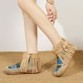 thumbnail image 2 of Boho Ethnic Fringe Boots for Women Winter Fall Casual Tassel Round Toe Flats Low Heel Mid Calf Ankle Booties Beige Size 6, 2 of 6