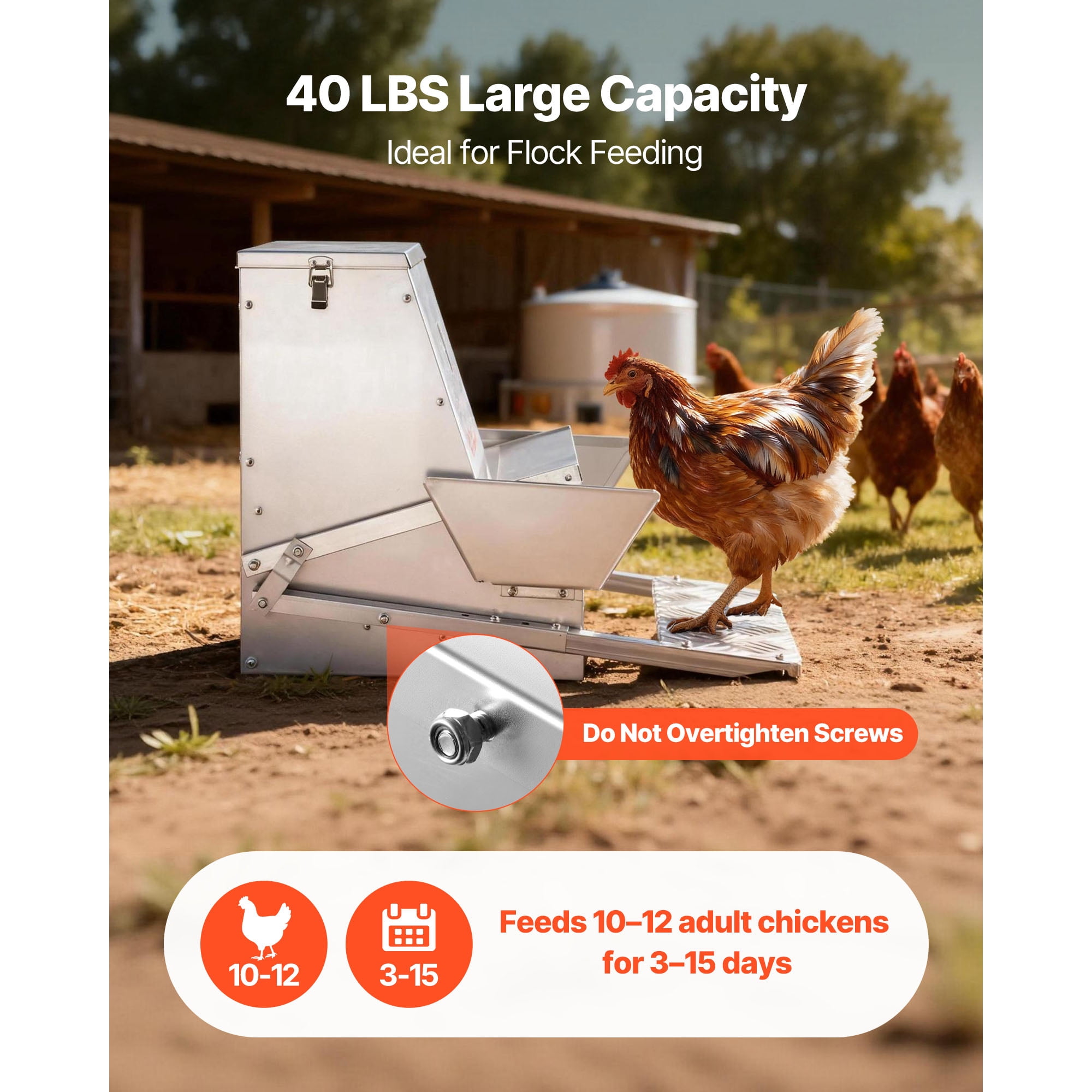 KFFKFF Automatic Poultry Feeder, 40 lbs Capacity, Weather-Resistant Treadle Feeder with Secure Lid, Minimal Feed Waste, Durable Galvanized Steel Design, Suitable for Outdoor Use with Chickens