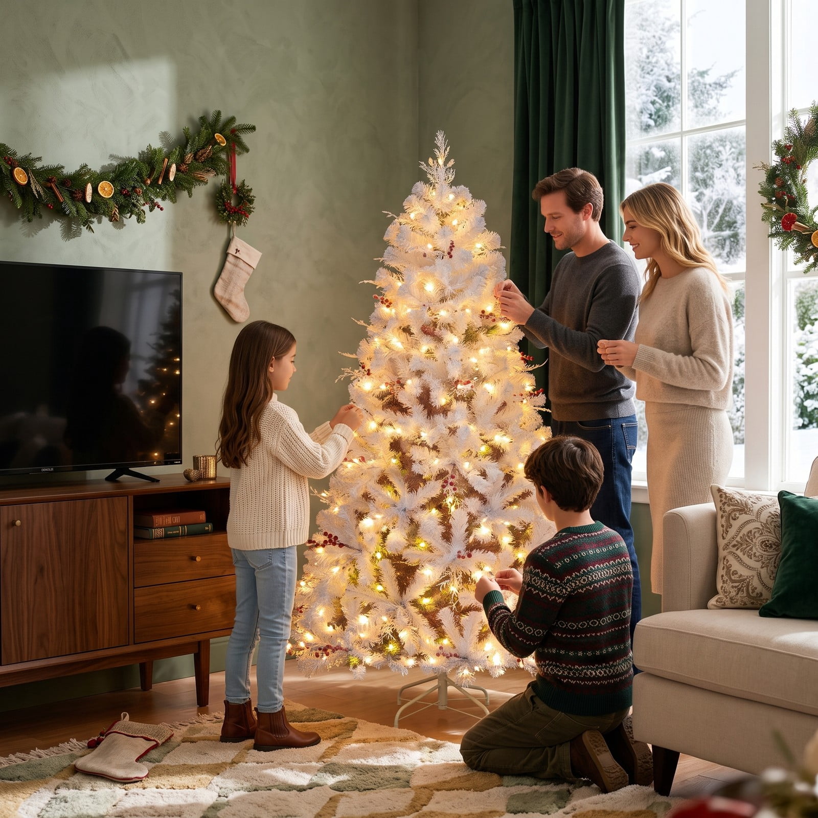 RUIE 6 FT Pre-Lit Artificial Christmas Tree with 250 Warm White LED Lights, Snow Flocked Branch Tips, Frosted Red Berries and Foldable Metal Base, White & Lake Blue