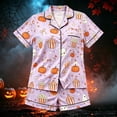 thumbnail image 2 of Afdoent Girls Pajamas Set Halloween Pumpkin Print Sleepwear Short Sleeve Lapel Top And Shorts Comfy Pajamas Set Casual Loungewear Comfortable Kids Holiday Sleepwear 12-13 Years, 2 of 4